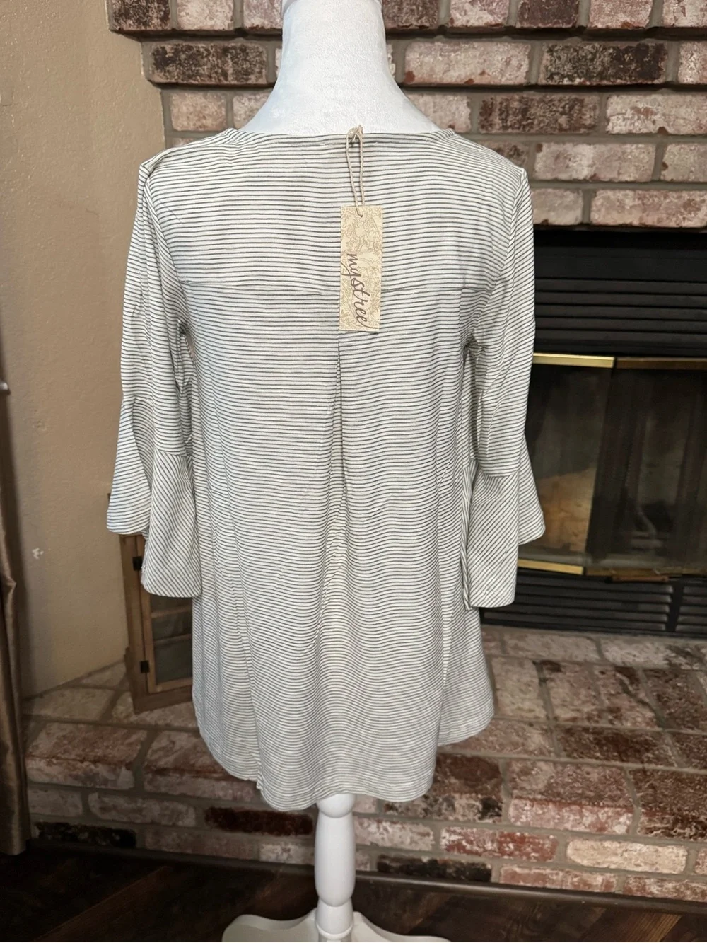 Mystree Pinstripe Bell Sleeve Swing Top - Picture 3 of 7